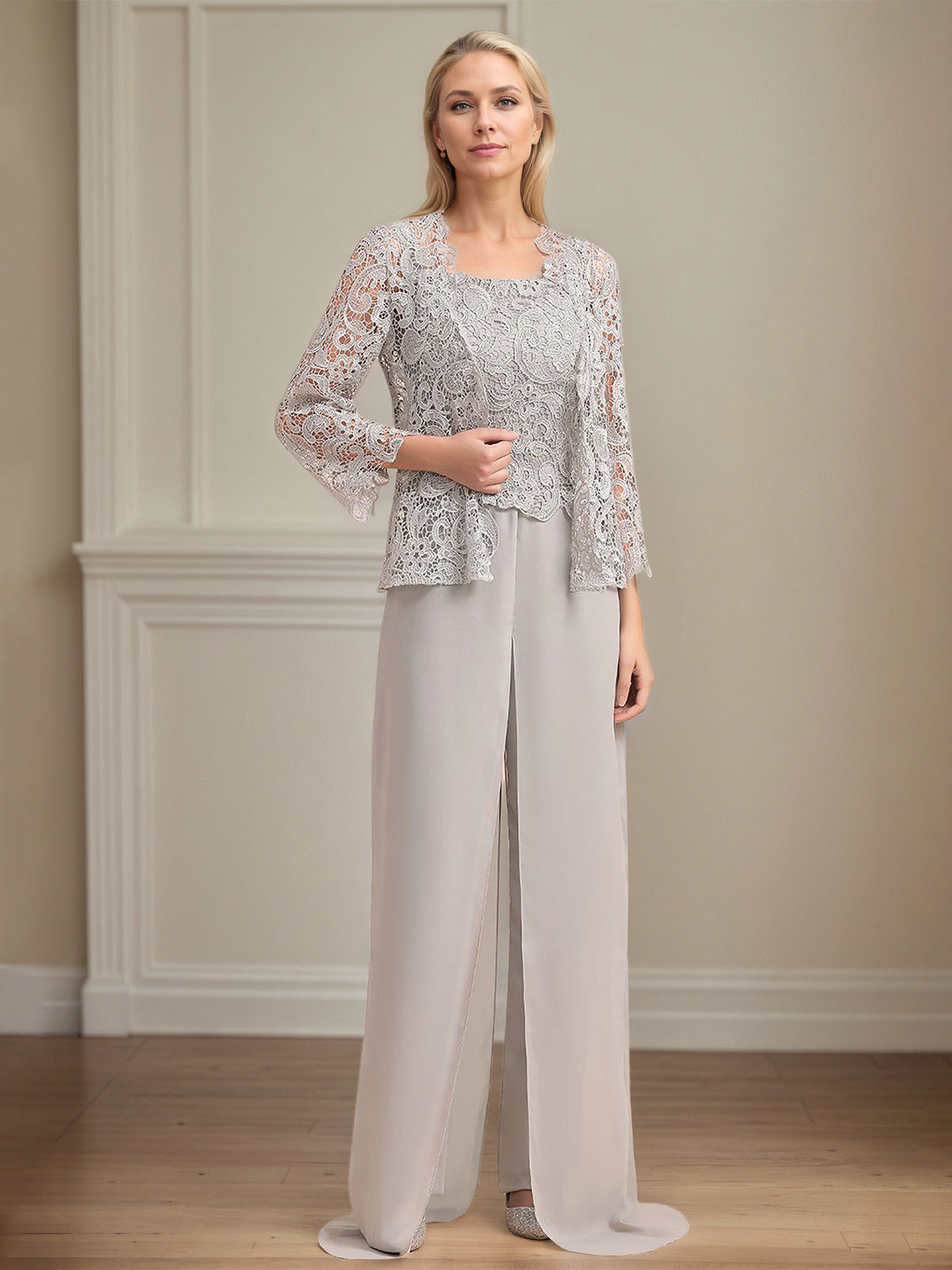 Conjunto Calça para Mãe da Noiva de Chiffon, Decote Quadrado, Sem Mangas e Comprimento Longo com Pregas