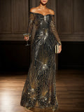 Vestido sereia dourado e preto ombro a ombro com lantejoulas