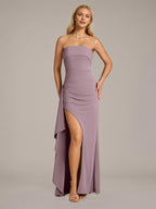 Robe fourreau/colonne en mousseline au décolleté bardot sans manches et longueur au sol couleur crépuscule