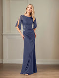 Sheath/Column Boat Neck 1/2 Sleeve Floor Length Chiffon Dress With Beadings