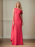 Vestido coral de crepe stretch, modelo tubinho/coluna, um ombro só, comprimento até o chão para mãe da noiva