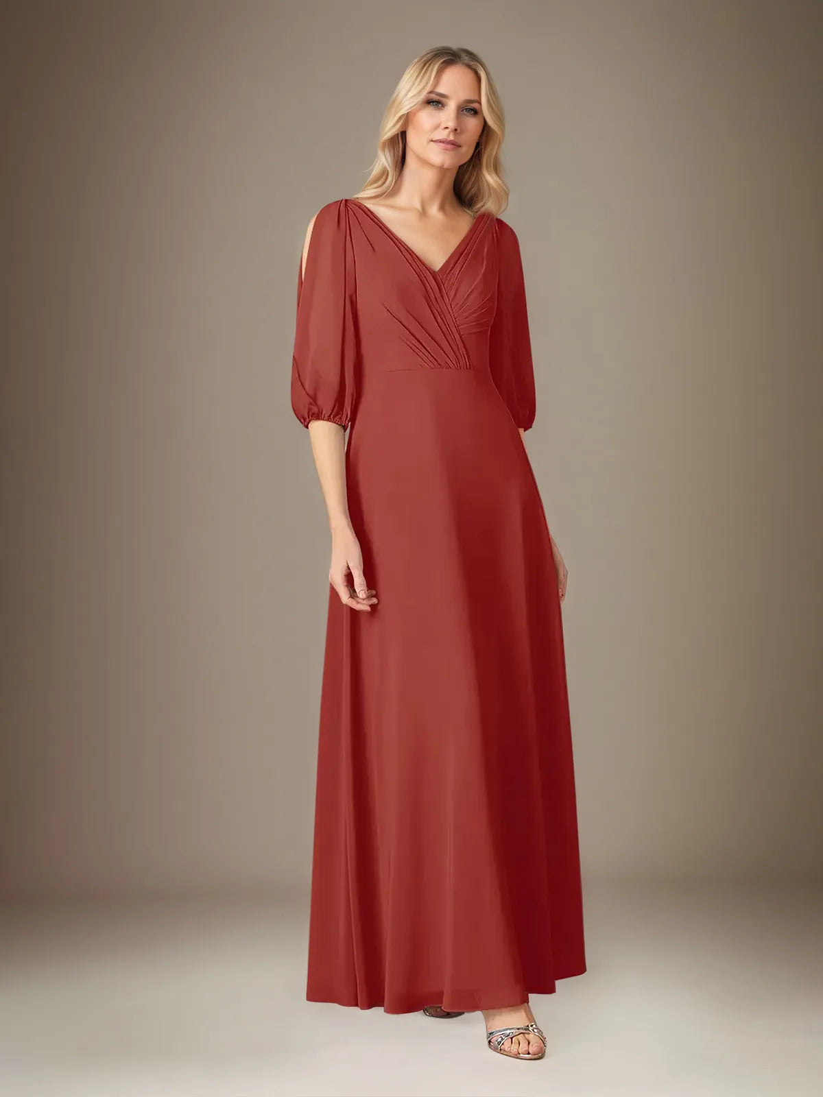 A Line Chiffon V Neck 1/2 Sleeves Floor Length Pleated Mother of the Bride Dresses