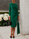 Green Satin Long Sleeve Sheath Midi Dress