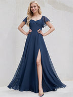 Marineblaues Chiffon A-Linien V-Ausschnitt Kurzarm bodenlanges Brautjungfernkleid