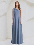 Navy Blue A-Line One Shoulder Floor-Length Chiffon Bridesmaid Dress With Bow