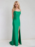 Green Satin Spaghetti Straps Sleeveless Floor Length Bridesmaid Dress With Appliques