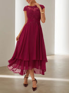 Red Lace Chiffon Crew Neck Cap Sleeve A-Line Maxi Dress