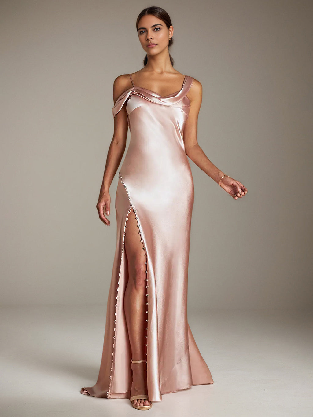 Blush Pink Satin Sheath/Column Asymmetrical Sleeveless Floor Length Bridesmaid Dress