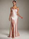 Blush Pink Satin Sheath/Column Asymmetrical Sleeveless Floor Length Bridesmaid Dress