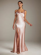 Blush Pink Satin Sheath/Column Asymmetrical Sleeveless Floor Length Bridesmaid Dress