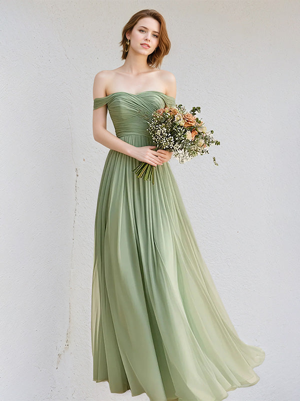 A Line Sage Chiffon Off the Shoulder Sleeveless Floor Length Dress