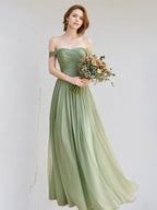 A Line Sage Chiffon Off the Shoulder Sleeveless Floor Length Dress
