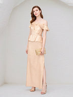 Champagne Sheath/Column Satin One Shoulder Sleeveless Ankle Length Dress With Slit