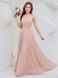 Abito lungo da damigella in chiffon rosa cipria a linea ad A con scollo all'americana e senza maniche