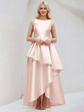 Blushing Pink A Line Scoop Neck Sleeveless Asymmetrical Satin Bridesmaid Dresses