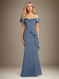 Vestido largo azul acero trompeta/sirena de crepé elástico off the shoulder sin mangas