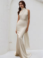 Ivory Satin Trumpet/Mermaid Halter Neck Floor Length Bridesmaid Dress