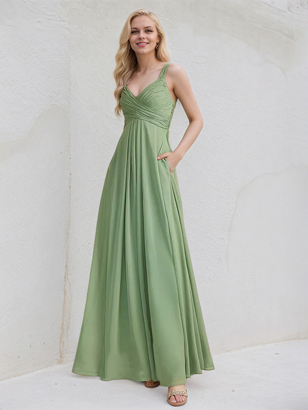 Abito damigella in chiffon basilico a linea A con scollo a V e volant, lunghezza fino al pavimento