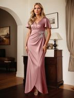 Satin Etuikleid/Säulenkleid mit V-Ausschnitt, kurzen Ärmeln, bodenlang