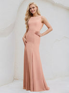 Dusty Rose Chiffon Trumpet/Mermaid Boat Neck Floor Length Bridesmaid Dress