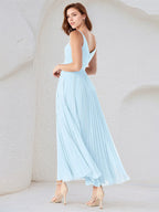 Sky Blue A-Line V Neck Floor-Length Chiffon Bridesmaid Dress