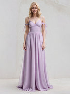 Abito lungo in chiffon lilla a linea A con spalline sottili, senza maniche e fiocco