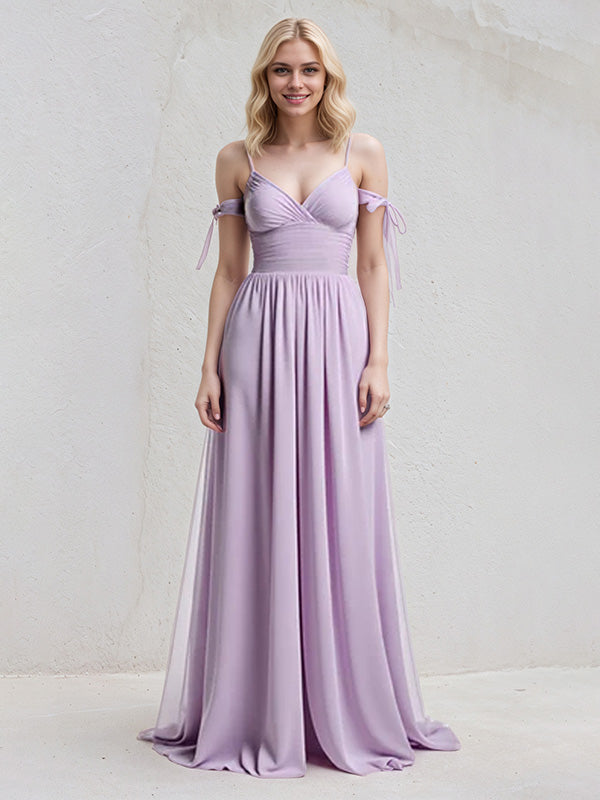 Abito lungo in chiffon lilla a linea A con spalline sottili, senza maniche e fiocco