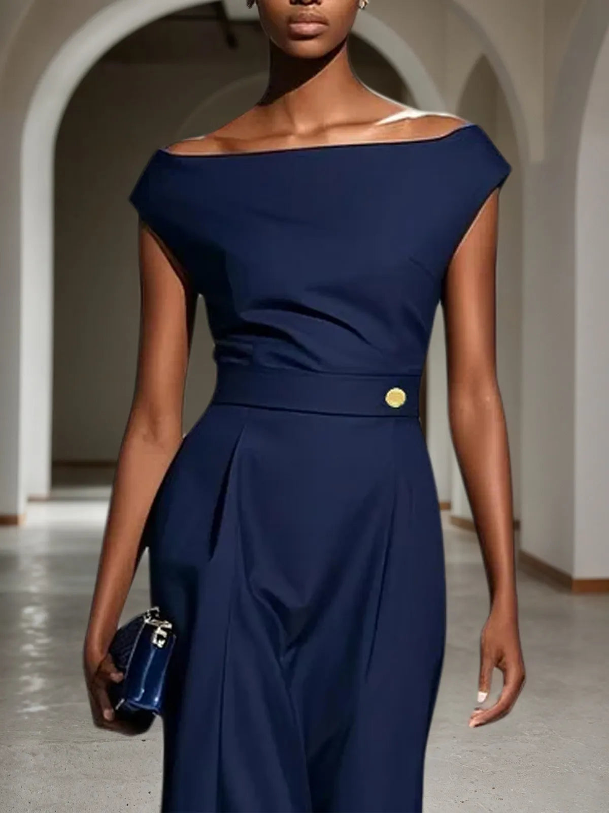 Robe midi classique bleu violacé à épaules dénudées manches courtes avec boucle