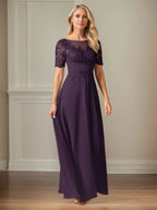 A Line Chiffon Scoop Neck Short Sleeves Floor Length Dress