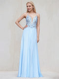 Sky Blue Satin Spaghetti Straps Sleeveless Floor Length Bridesmaid Dress With Beadings