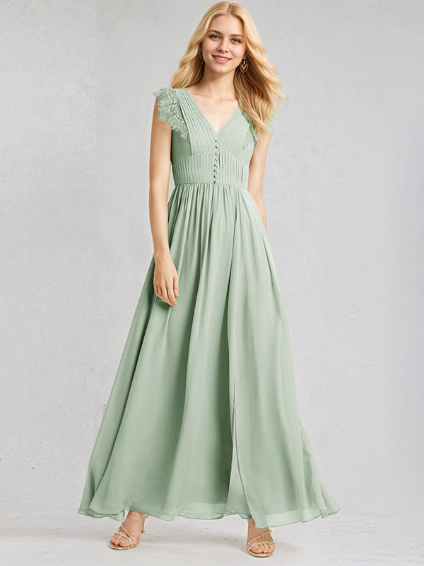 Sage Chiffon A Line V Neck Sleeveless Floor Length Pleated Bridesmaid Dresses