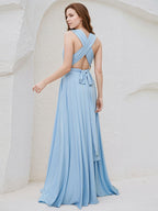 Sky Blue Chiffon A Line V Neck Sleeveless Floor Length Bridesmaid Dress