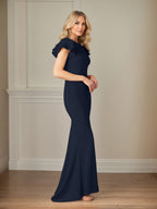 Etuikleid/Säulenform Chiffon Rundhals Kurzarm Bodenlanges Kleid der Brautmutter mit Rüschen