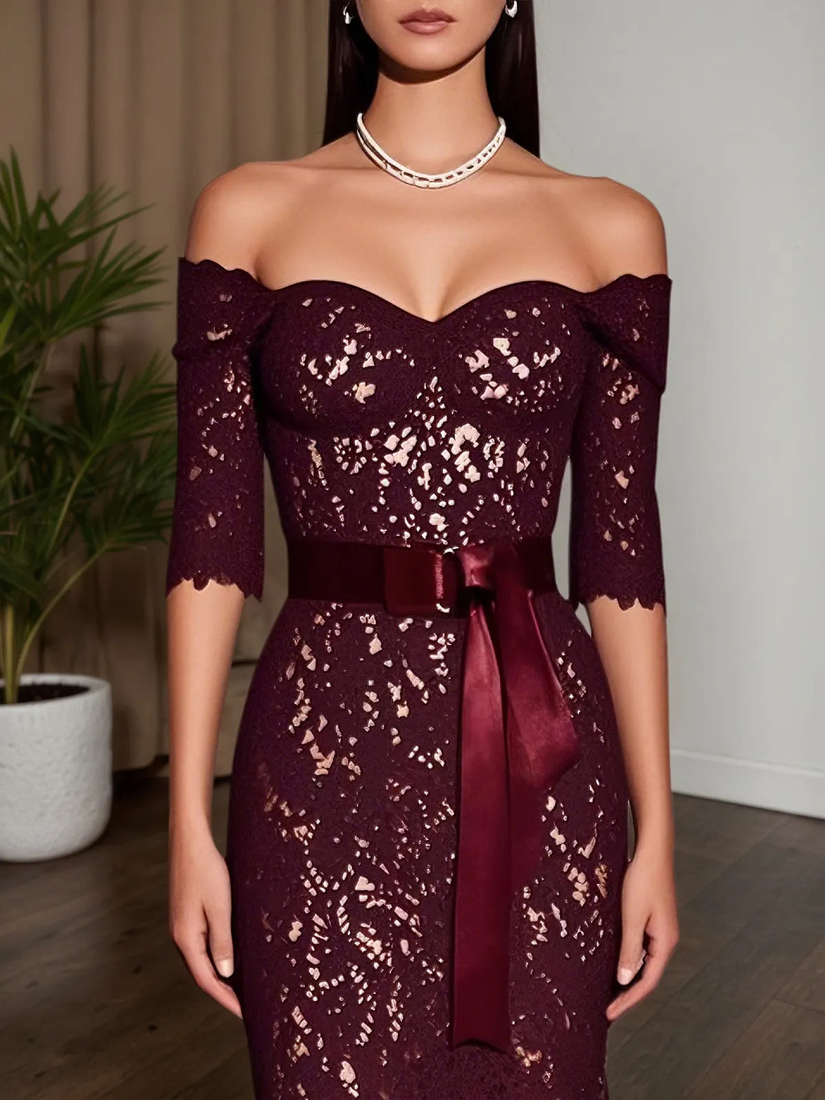 Vestido maxi vinho com renda, decote ombro a ombro e mangas três quartos