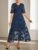 Purplish blue Lace V Neck Short Sleeve A-Line Midi Dress
