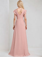 Dusty Rose Chiffon A Line V Neck Floor Length Bridesmaid Dress With Ruffles