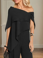 Tuta nera in chiffon con maniche corte asimmetriche e lunghezza fino al pavimento, abito da madre della sposa