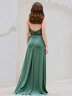 Green A Line Satin Halter Neck Sleeveless Floor Length Dress