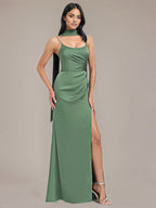Eucalyptus Sheath/Column Spaghetti Straps Floor-Length Satin Bridesmaid Dress With Scarf