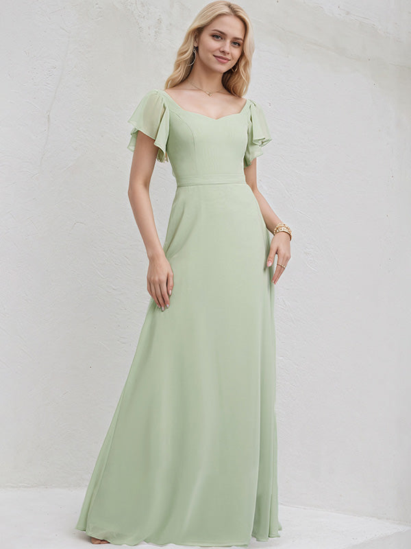 Vestido de dama de honor largo de gasa celadón, línea A, escote en V, mangas cortas y con volantes