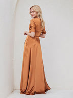 Bronze Satin A Line Spaghetti Straps Sleeveless Floor Length Bridesmaid Dress