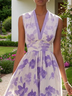 Vestido maxi línea A de gasa con flores lavanda púrpura, escote en V y sin mangas