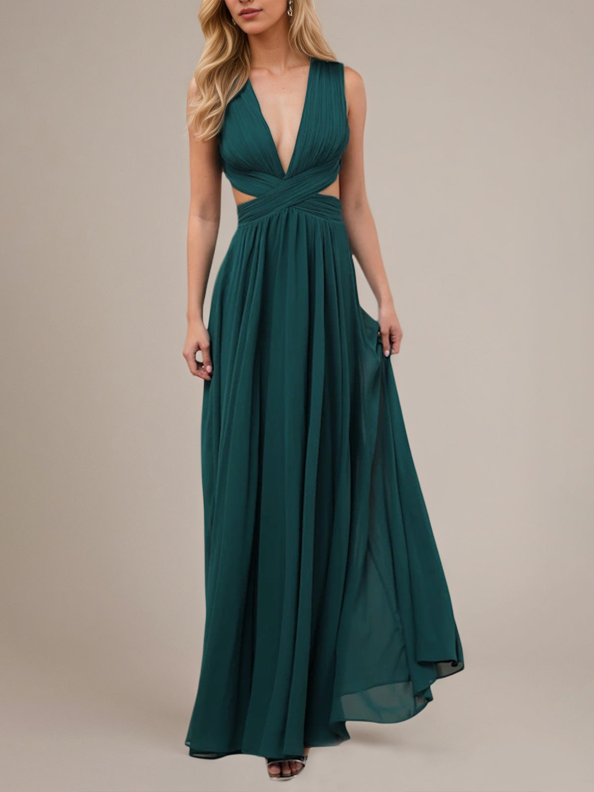 Abiti verdi a linea A in chiffon senza maniche con scollo a V e lunghezza fino al pavimento