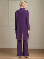Tailleur pantalone da madre della sposa in chiffon con scollo a U, maniche lunghe e lunghezza fino a terra