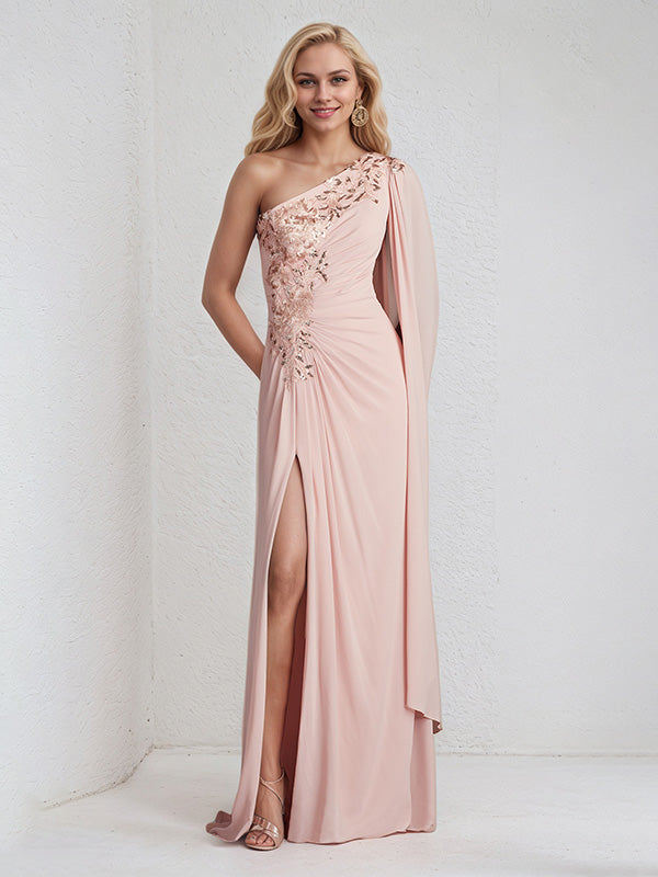 A Line Pink Chiffon One Shoulder Long cape sleeve Floor Length Pleated Dress With Appliques