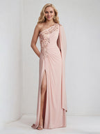 A Line Pink Chiffon One Shoulder Long cape sleeve Floor Length Pleated Dress With Appliques