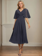 A Line V-Neck Tea-Length Chiffon Dress With Pleated