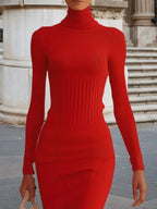 Red High Neck Long Sleeve A-Line Maxi Wool Sweater Dress
