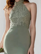 Mist Blue Chiffon Halter Neck Sleeveless Asymmetrical Length Dress With High Slit