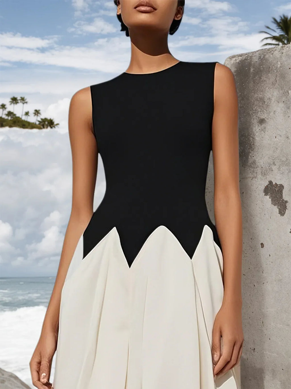 Robe midi noire coupe trapèze sans manches à col rond avec fente